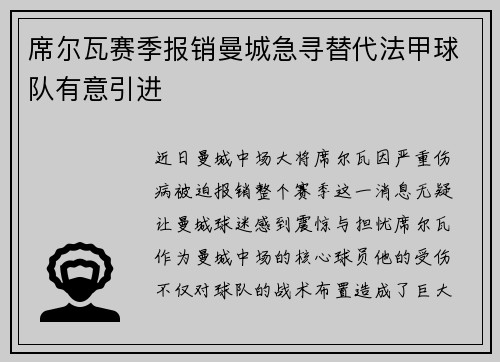 席尔瓦赛季报销曼城急寻替代法甲球队有意引进