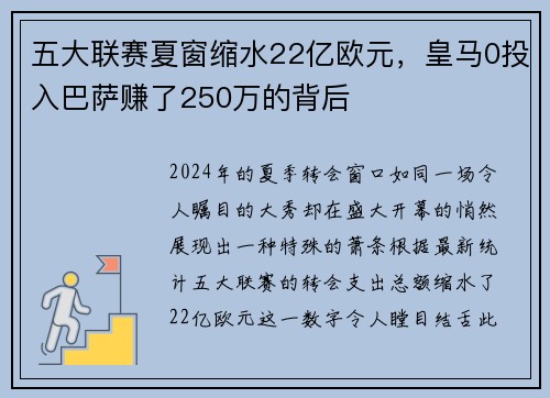 五大联赛夏窗缩水22亿欧元，皇马0投入巴萨赚了250万的背后